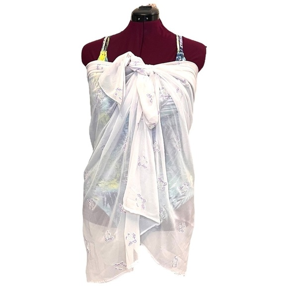 Set of 2: Tropical Palm Print One-Piece Swimsuit & Sea Turtle Chiffon Wrap - Picture 13 of 14